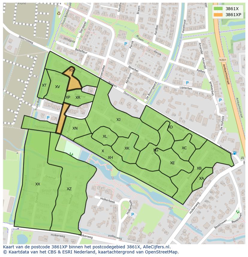 Afbeelding van het postcodegebied 3861 XP op de kaart.