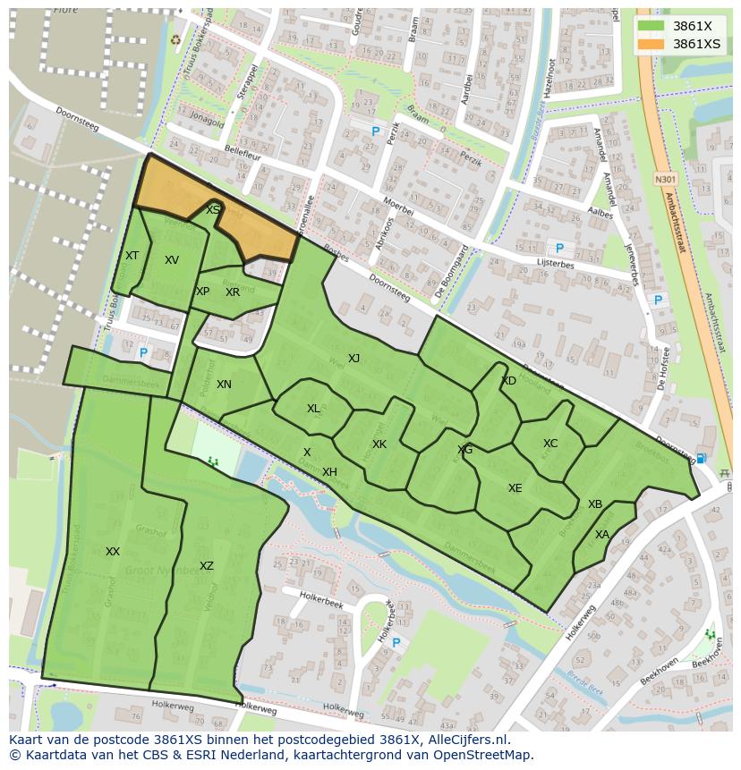 Afbeelding van het postcodegebied 3861 XS op de kaart.