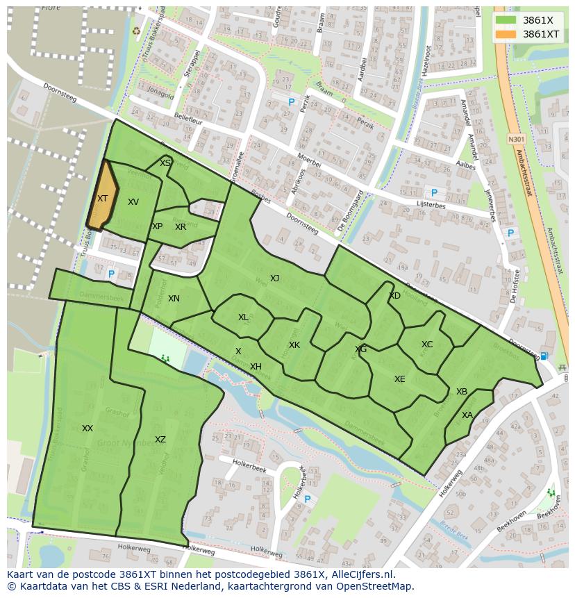 Afbeelding van het postcodegebied 3861 XT op de kaart.