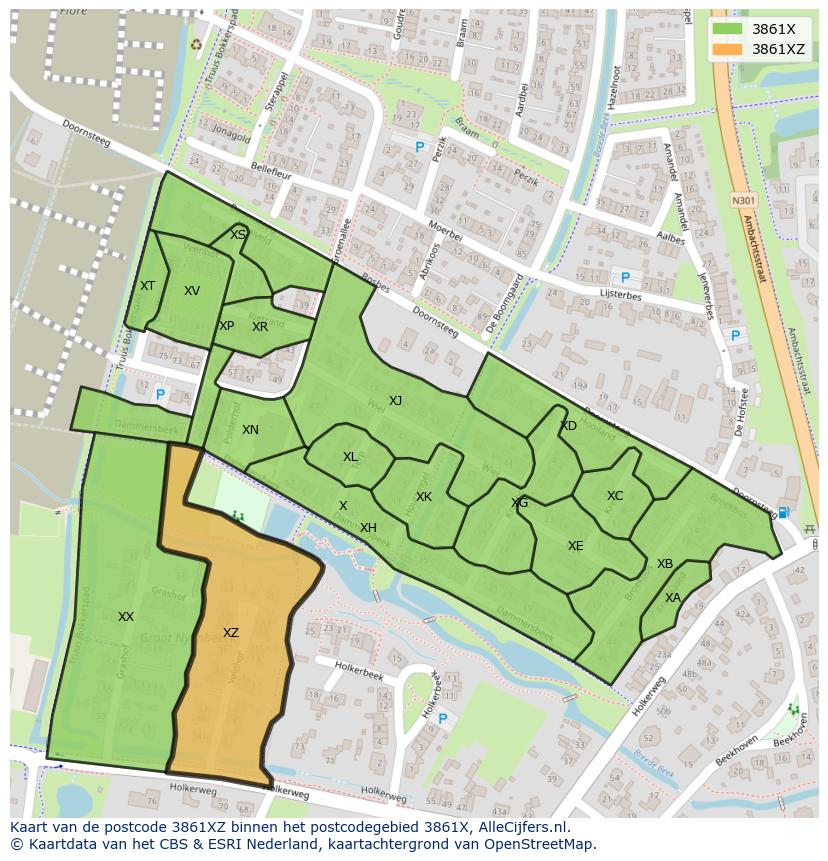 Afbeelding van het postcodegebied 3861 XZ op de kaart.