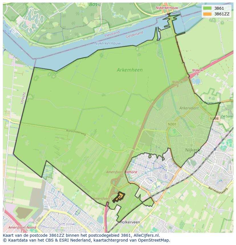 Afbeelding van het postcodegebied 3861 ZZ op de kaart.