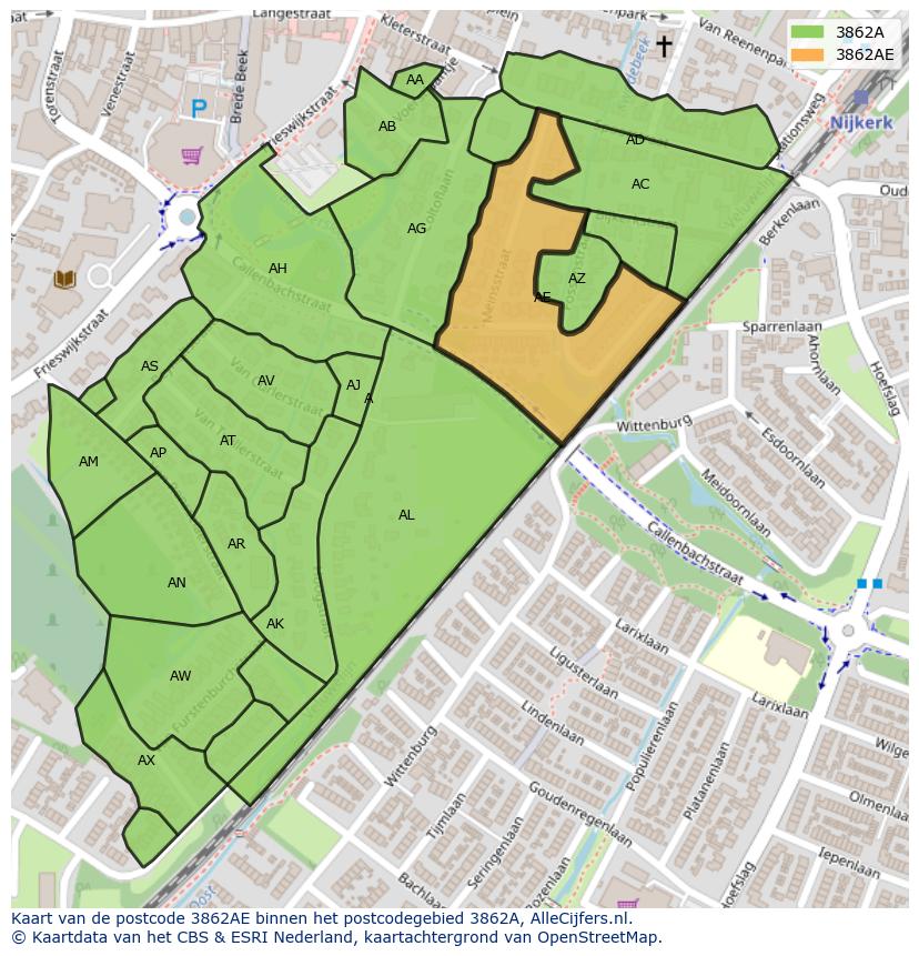 Afbeelding van het postcodegebied 3862 AE op de kaart.