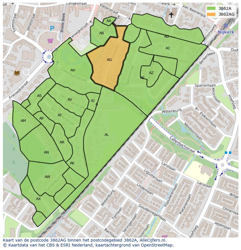 Afbeelding van het postcodegebied 3862 AG op de kaart.