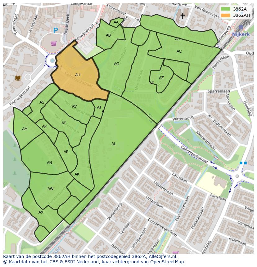 Afbeelding van het postcodegebied 3862 AH op de kaart.