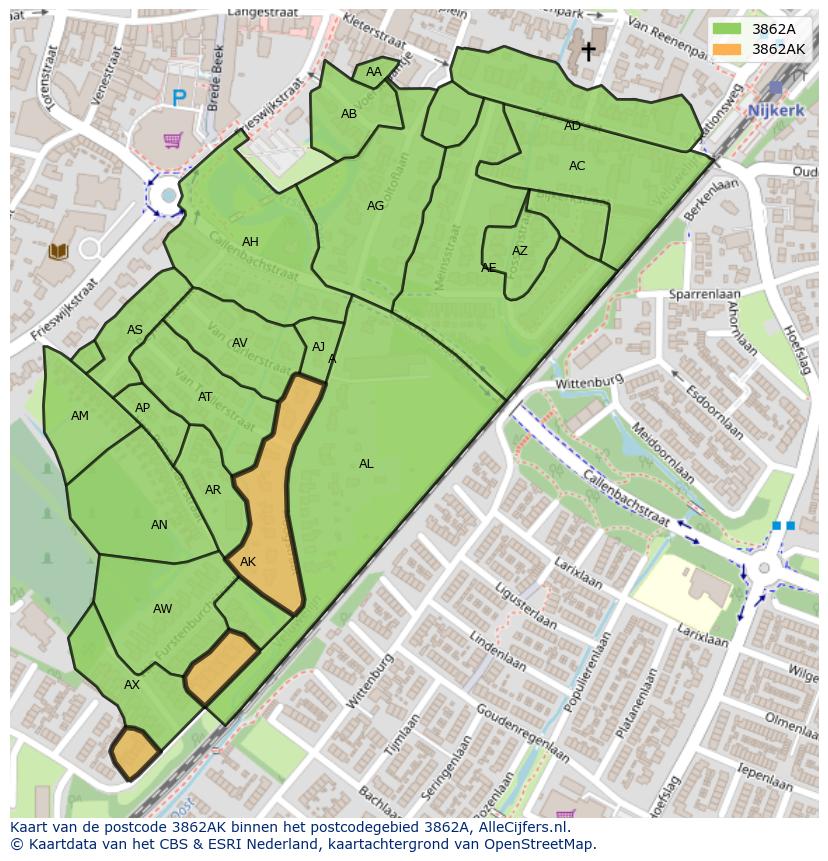 Afbeelding van het postcodegebied 3862 AK op de kaart.