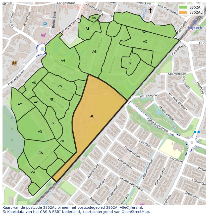 Afbeelding van het postcodegebied 3862 AL op de kaart.