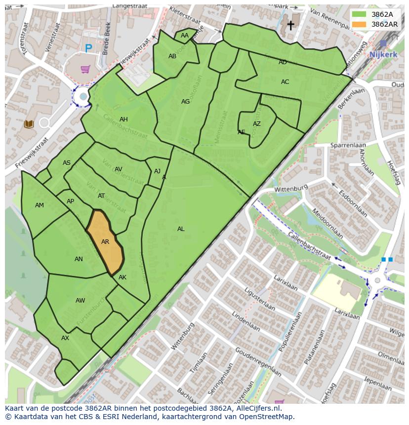 Afbeelding van het postcodegebied 3862 AR op de kaart.