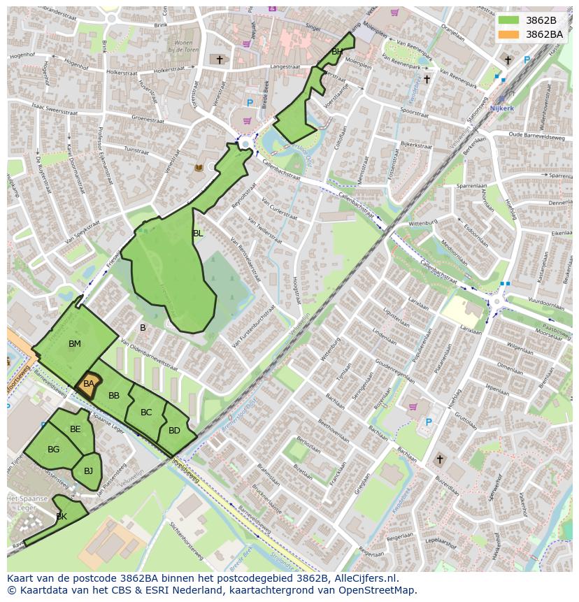 Afbeelding van het postcodegebied 3862 BA op de kaart.
