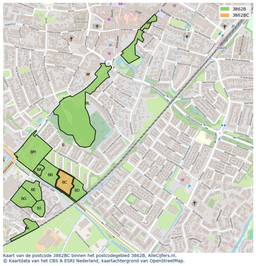 Afbeelding van het postcodegebied 3862 BC op de kaart.