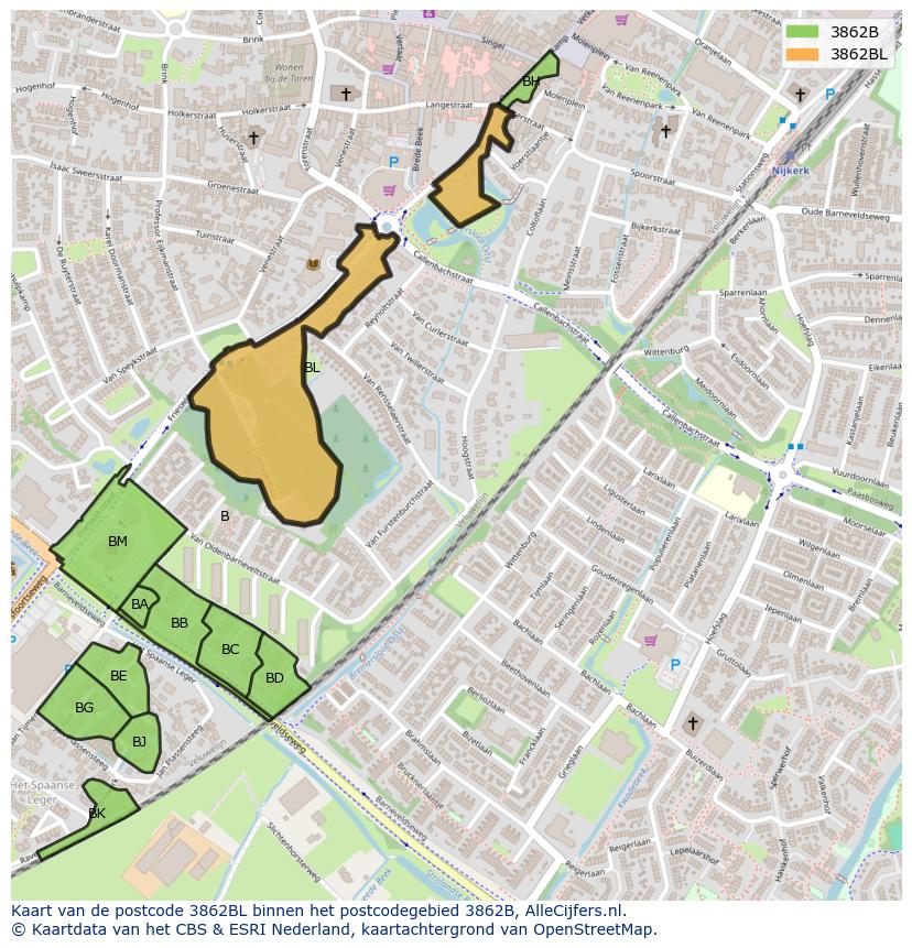 Afbeelding van het postcodegebied 3862 BL op de kaart.