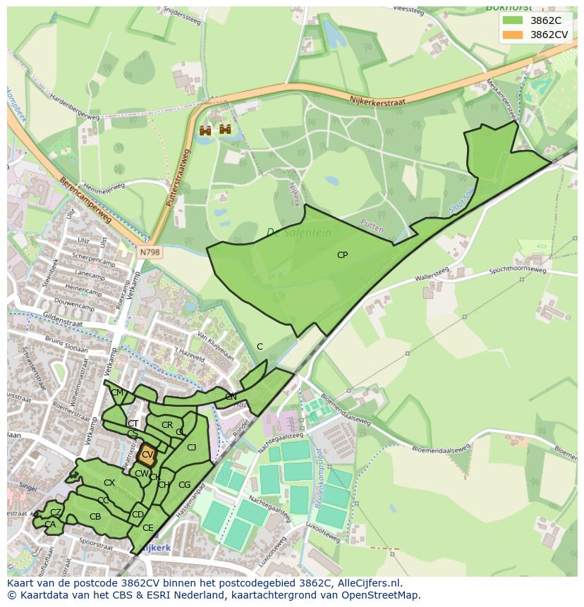 Afbeelding van het postcodegebied 3862 CV op de kaart.