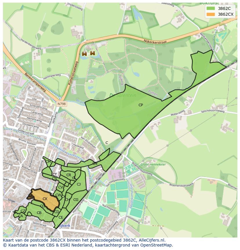 Afbeelding van het postcodegebied 3862 CX op de kaart.