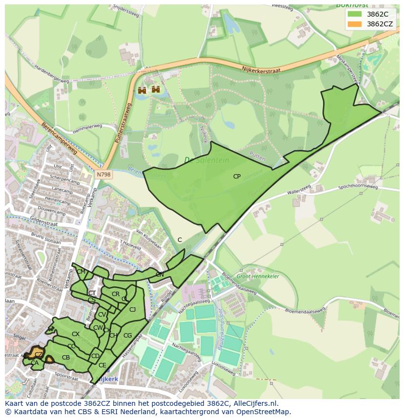 Afbeelding van het postcodegebied 3862 CZ op de kaart.