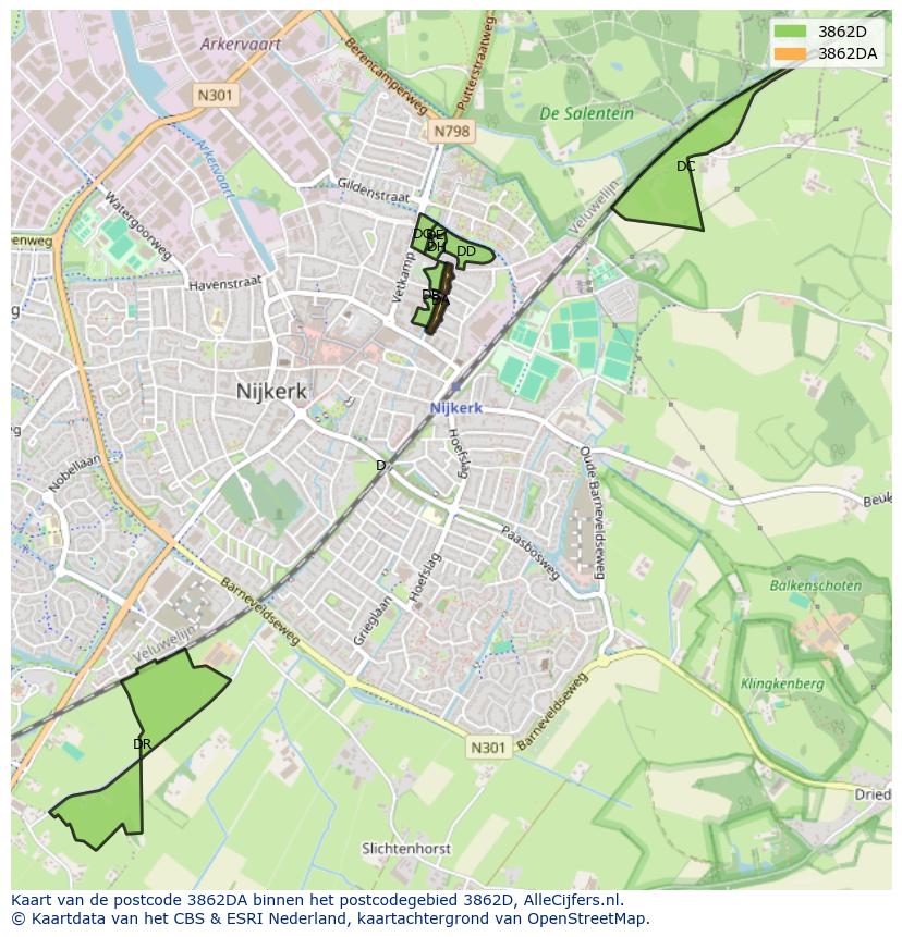 Afbeelding van het postcodegebied 3862 DA op de kaart.