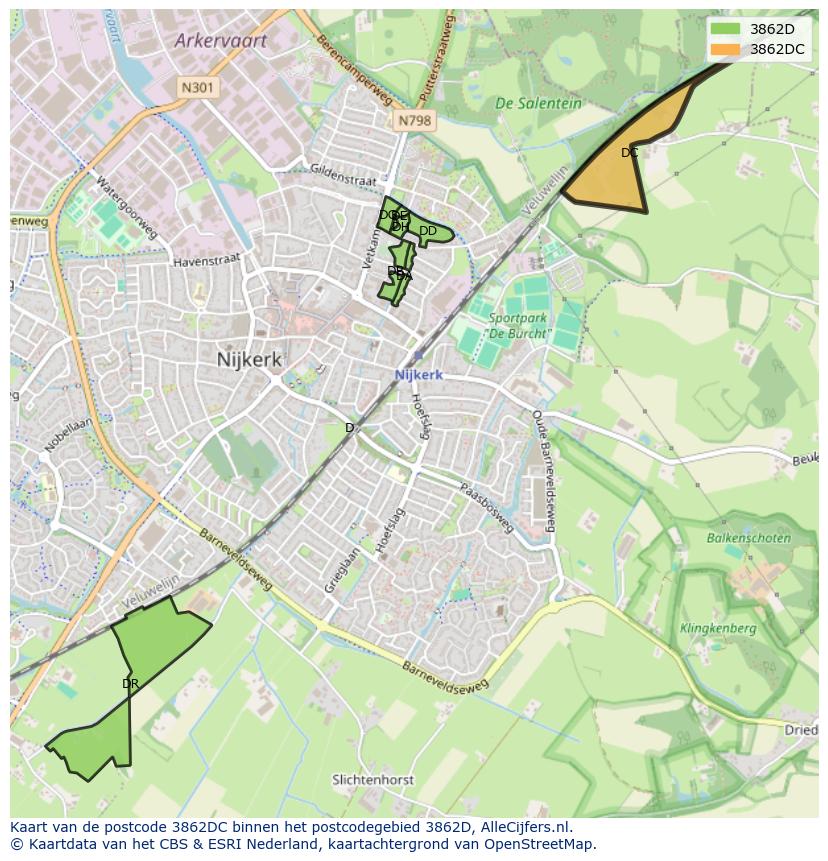Afbeelding van het postcodegebied 3862 DC op de kaart.