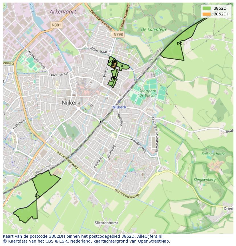 Afbeelding van het postcodegebied 3862 DH op de kaart.