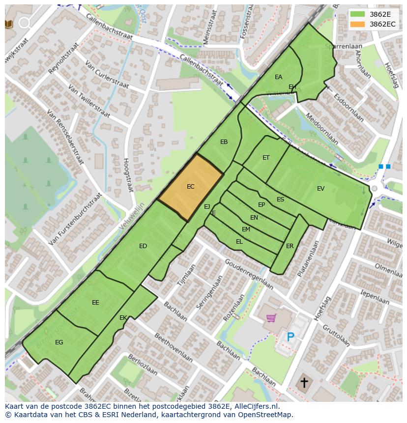 Afbeelding van het postcodegebied 3862 EC op de kaart.