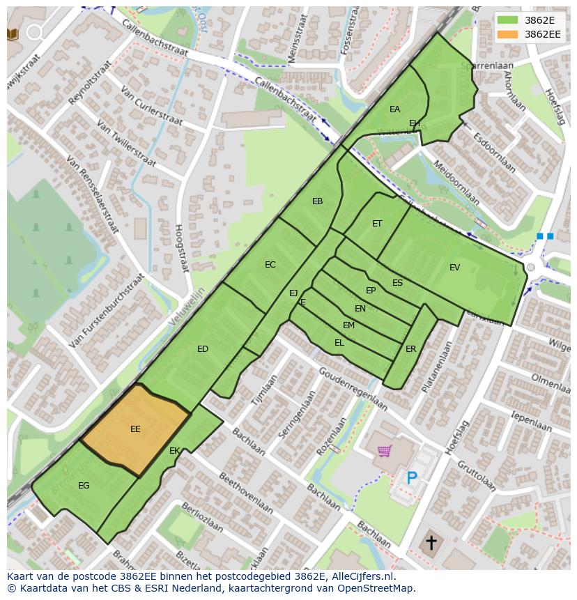 Afbeelding van het postcodegebied 3862 EE op de kaart.