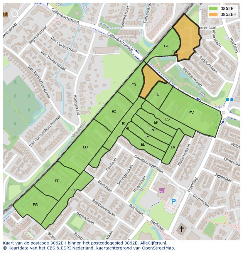 Afbeelding van het postcodegebied 3862 EH op de kaart.