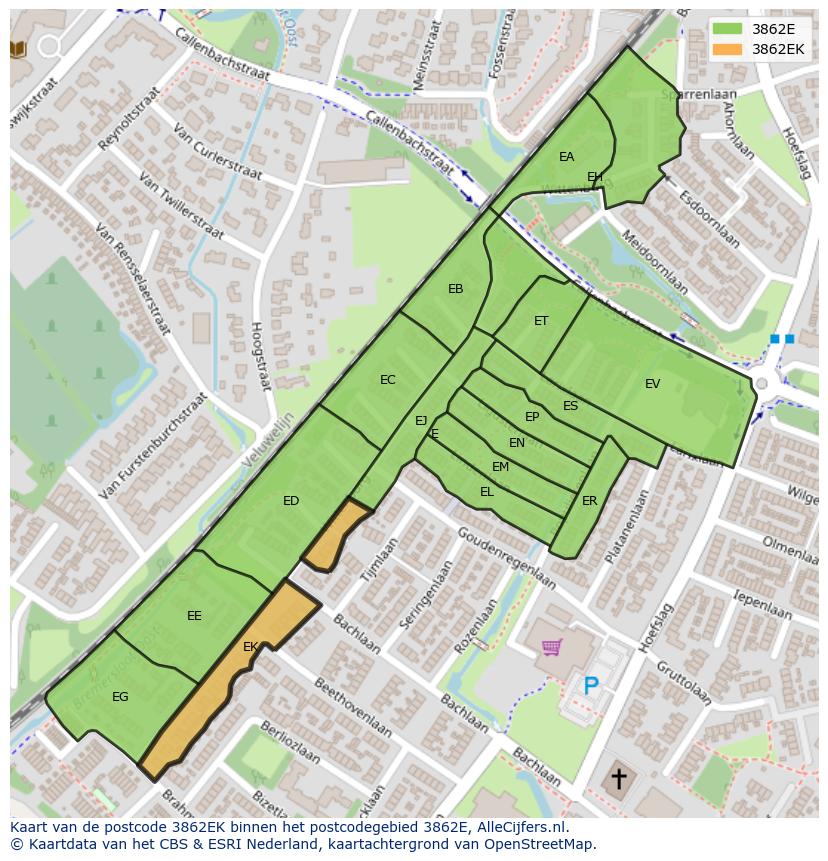 Afbeelding van het postcodegebied 3862 EK op de kaart.
