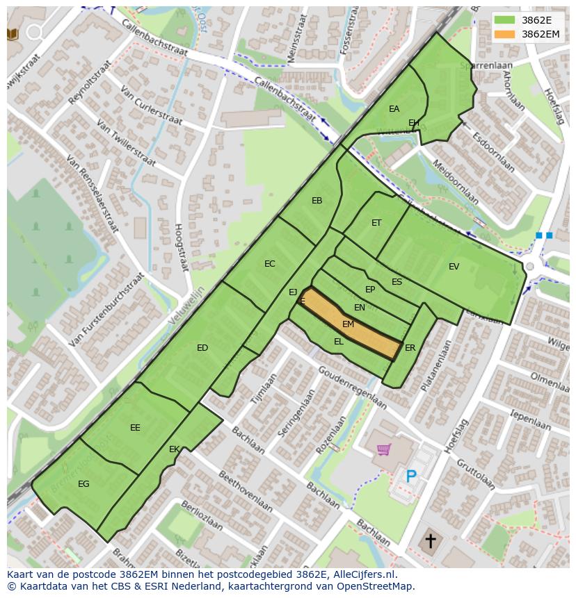Afbeelding van het postcodegebied 3862 EM op de kaart.
