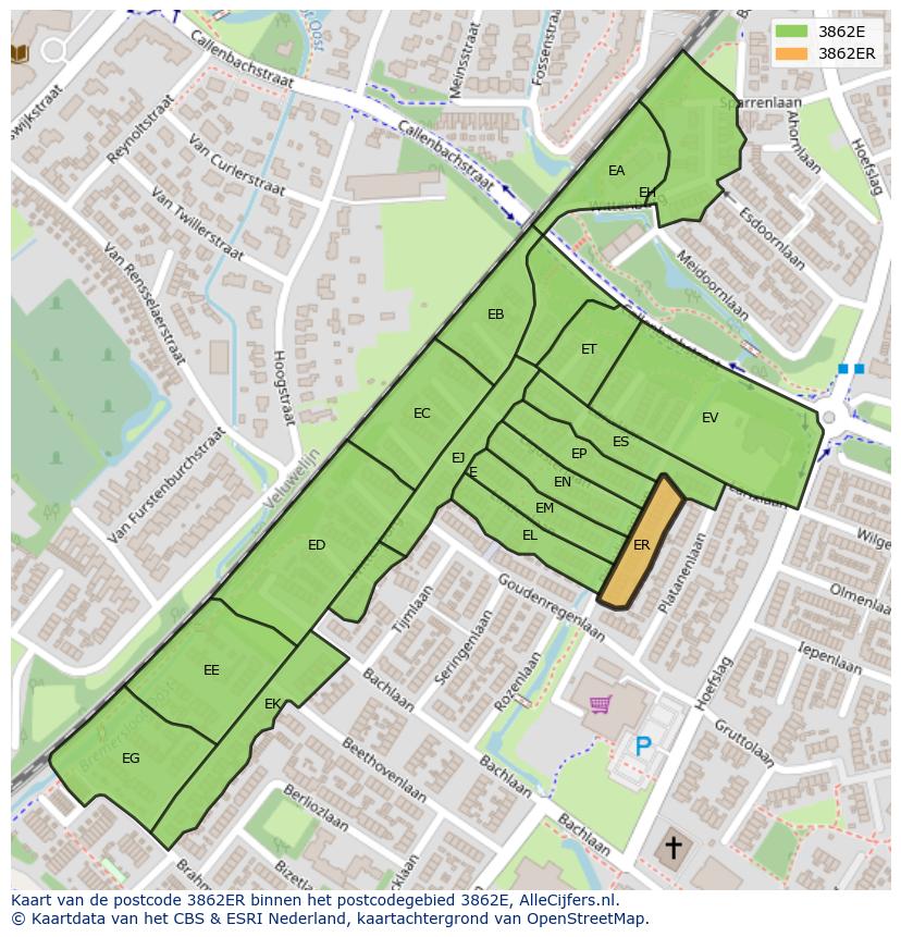 Afbeelding van het postcodegebied 3862 ER op de kaart.