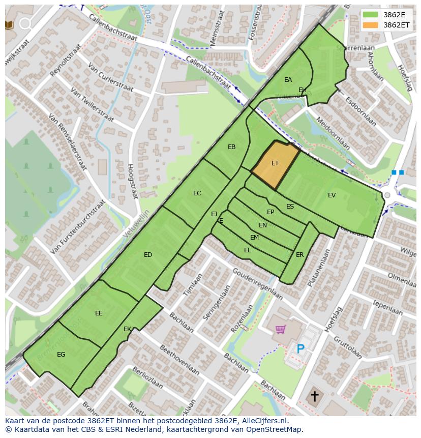 Afbeelding van het postcodegebied 3862 ET op de kaart.