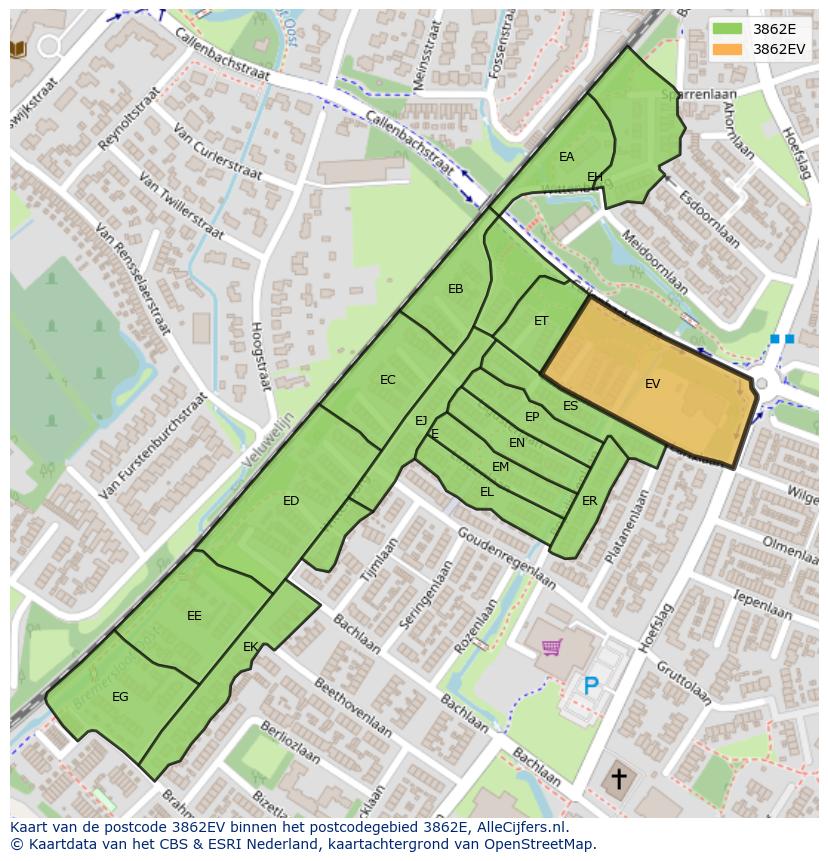 Afbeelding van het postcodegebied 3862 EV op de kaart.