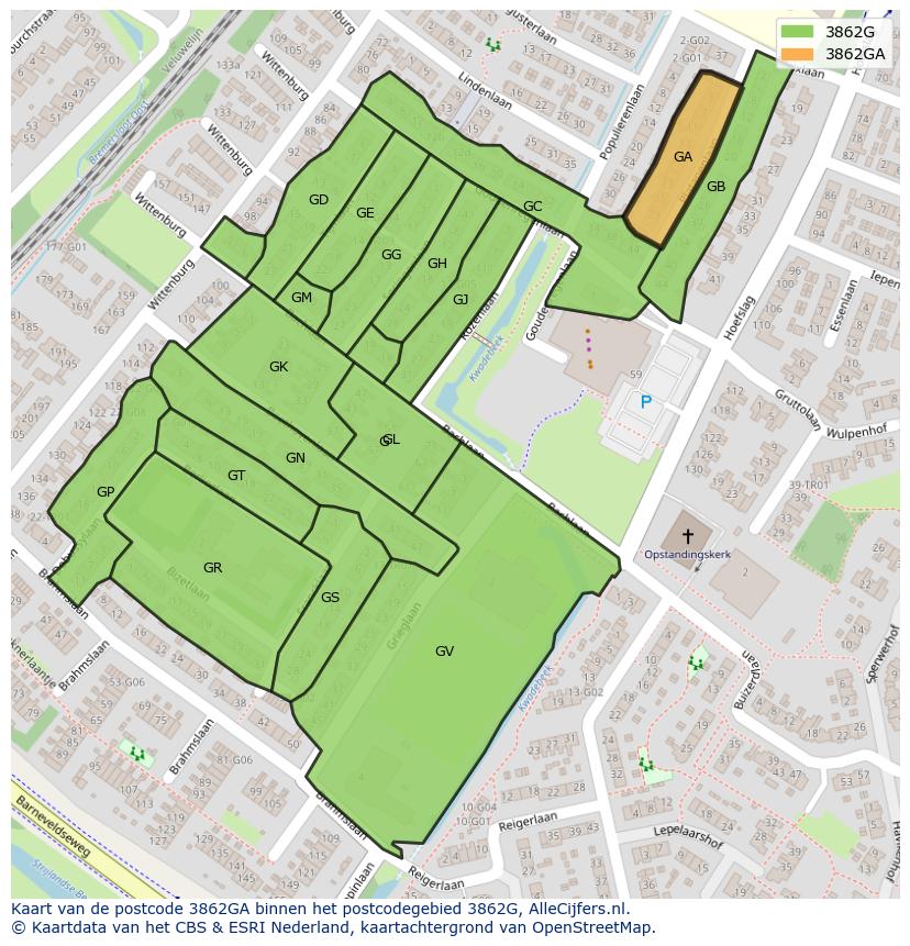 Afbeelding van het postcodegebied 3862 GA op de kaart.