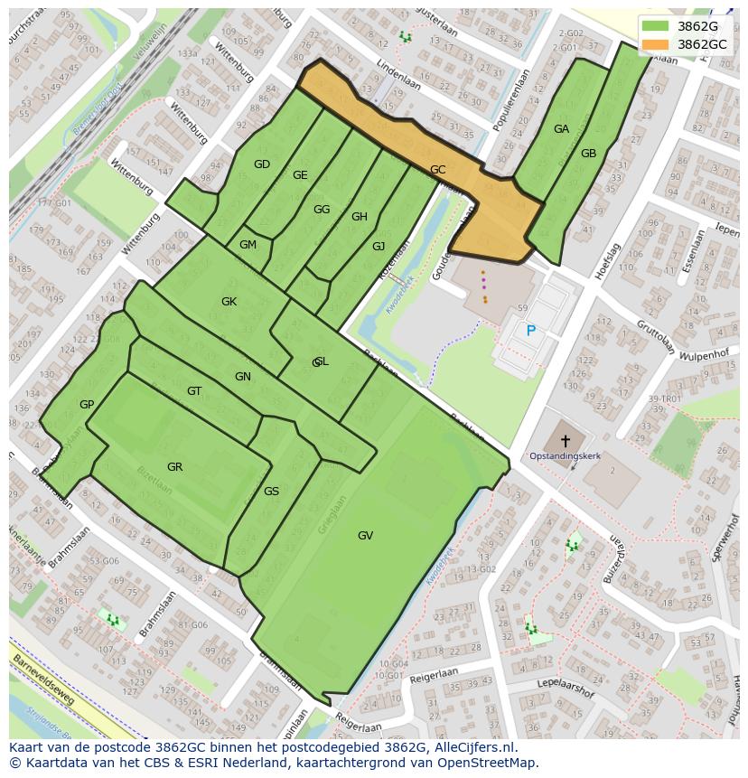 Afbeelding van het postcodegebied 3862 GC op de kaart.