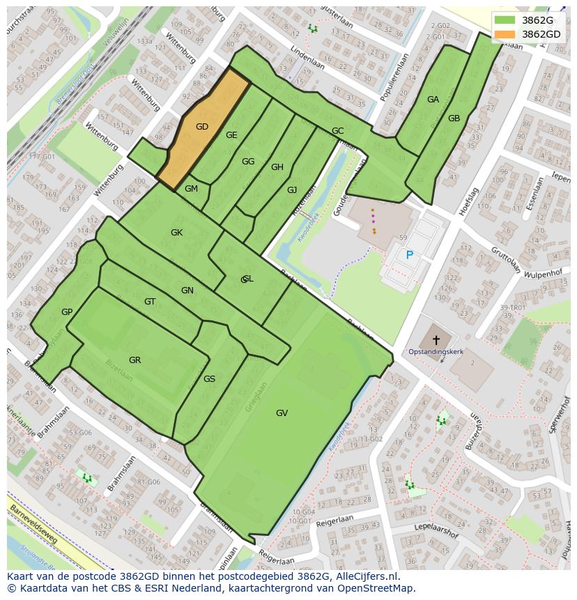 Afbeelding van het postcodegebied 3862 GD op de kaart.