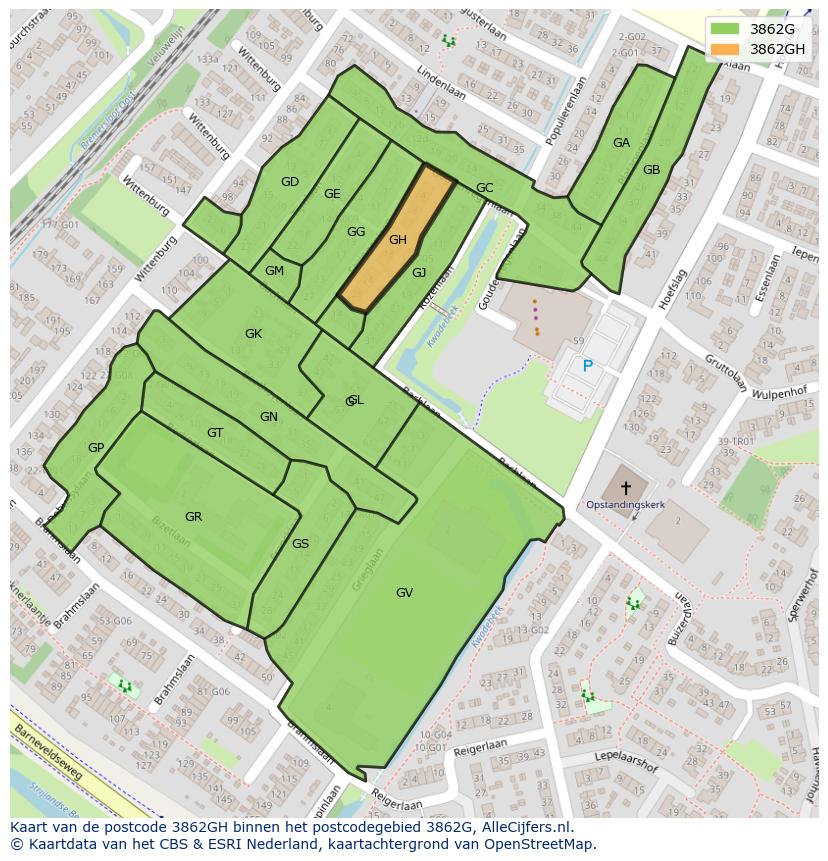 Afbeelding van het postcodegebied 3862 GH op de kaart.