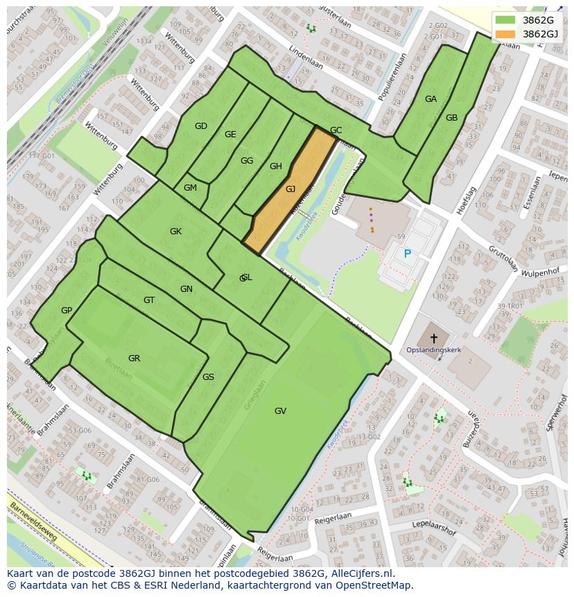 Afbeelding van het postcodegebied 3862 GJ op de kaart.