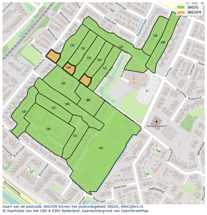 Afbeelding van het postcodegebied 3862 GM op de kaart.