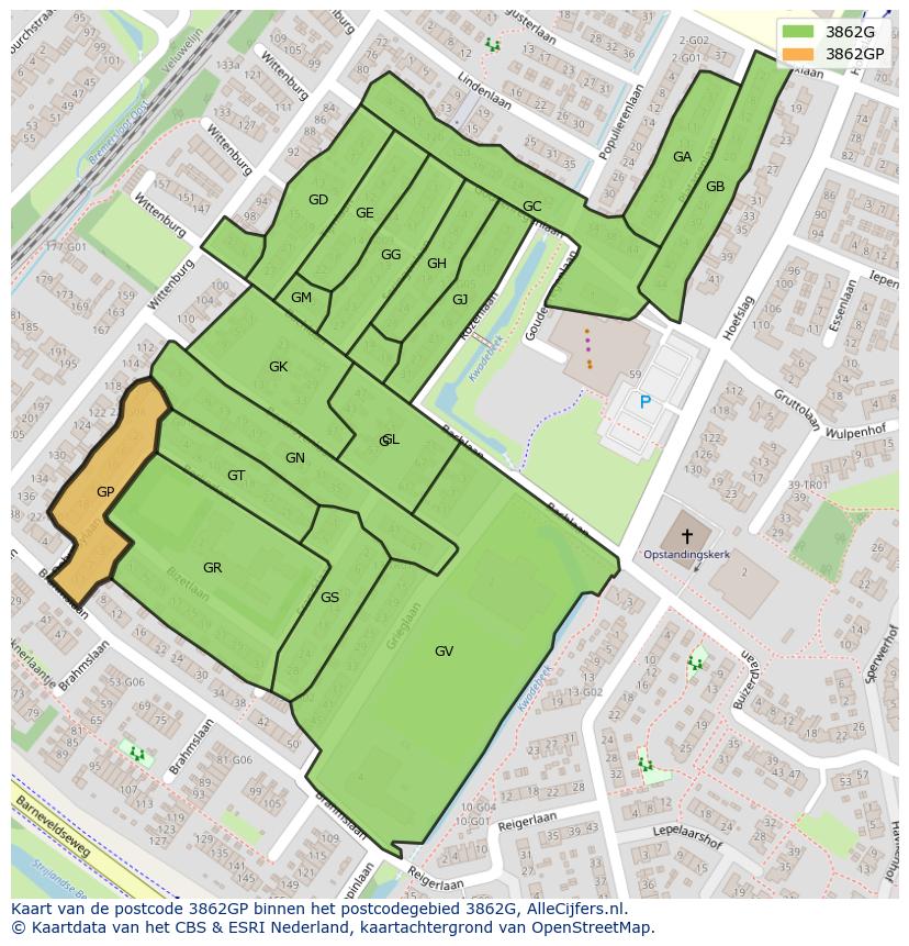 Afbeelding van het postcodegebied 3862 GP op de kaart.