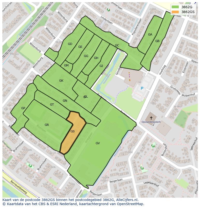 Afbeelding van het postcodegebied 3862 GS op de kaart.