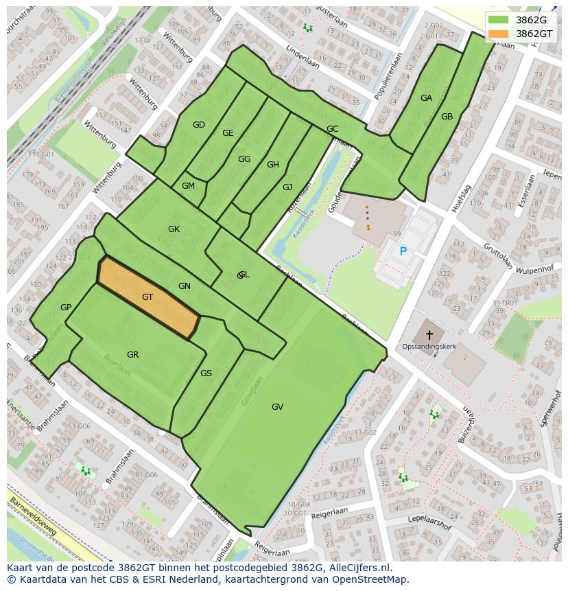 Afbeelding van het postcodegebied 3862 GT op de kaart.
