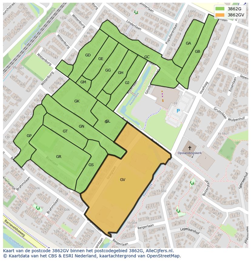 Afbeelding van het postcodegebied 3862 GV op de kaart.