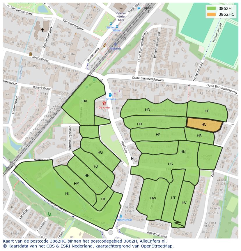 Afbeelding van het postcodegebied 3862 HC op de kaart.