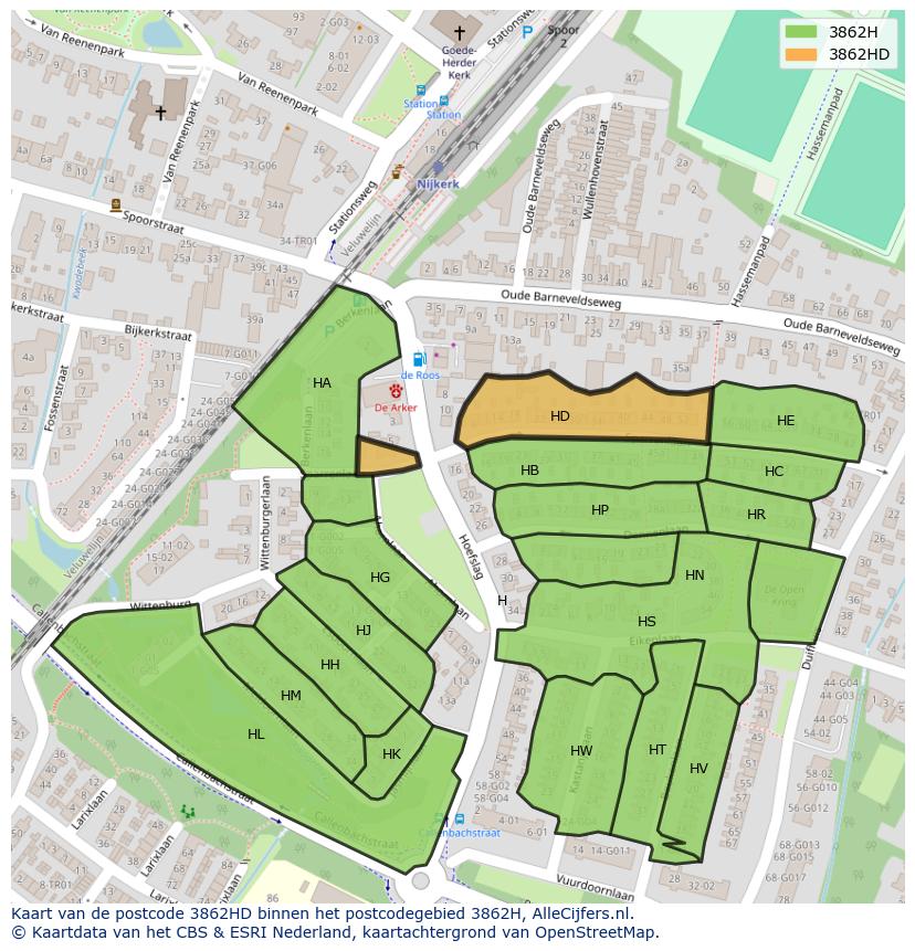 Afbeelding van het postcodegebied 3862 HD op de kaart.