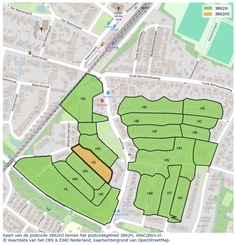 Afbeelding van het postcodegebied 3862 HJ op de kaart.