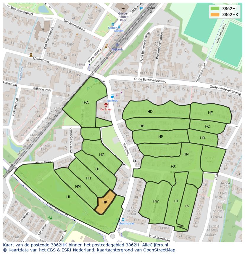 Afbeelding van het postcodegebied 3862 HK op de kaart.