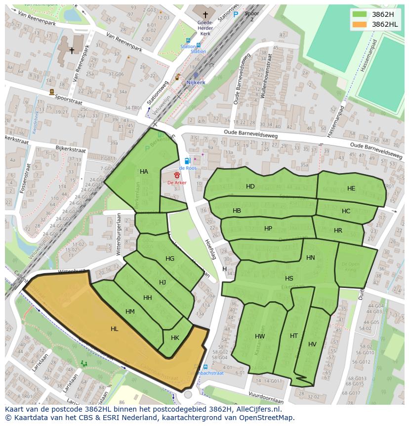 Afbeelding van het postcodegebied 3862 HL op de kaart.