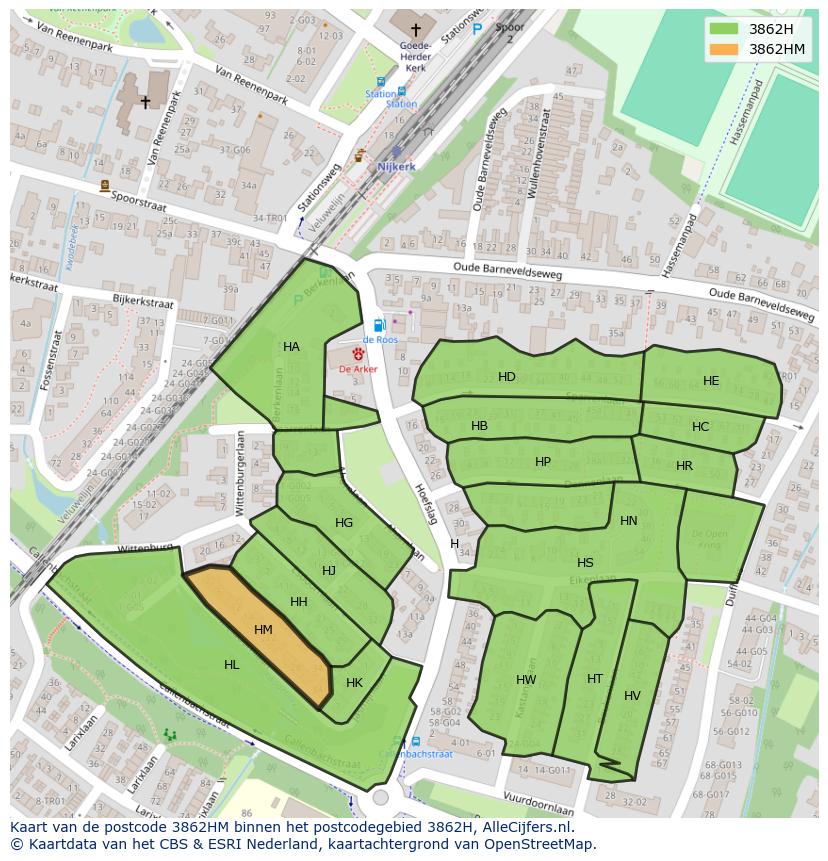 Afbeelding van het postcodegebied 3862 HM op de kaart.