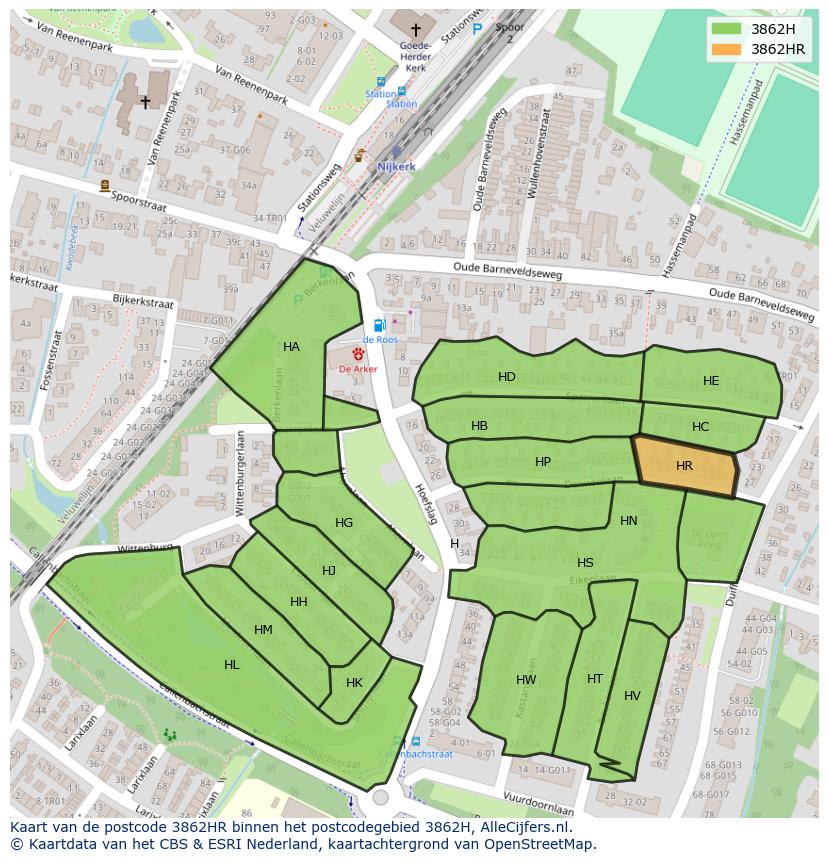 Afbeelding van het postcodegebied 3862 HR op de kaart.