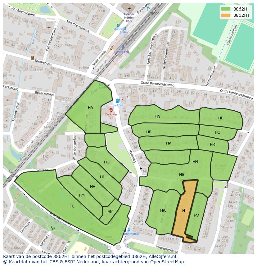Afbeelding van het postcodegebied 3862 HT op de kaart.