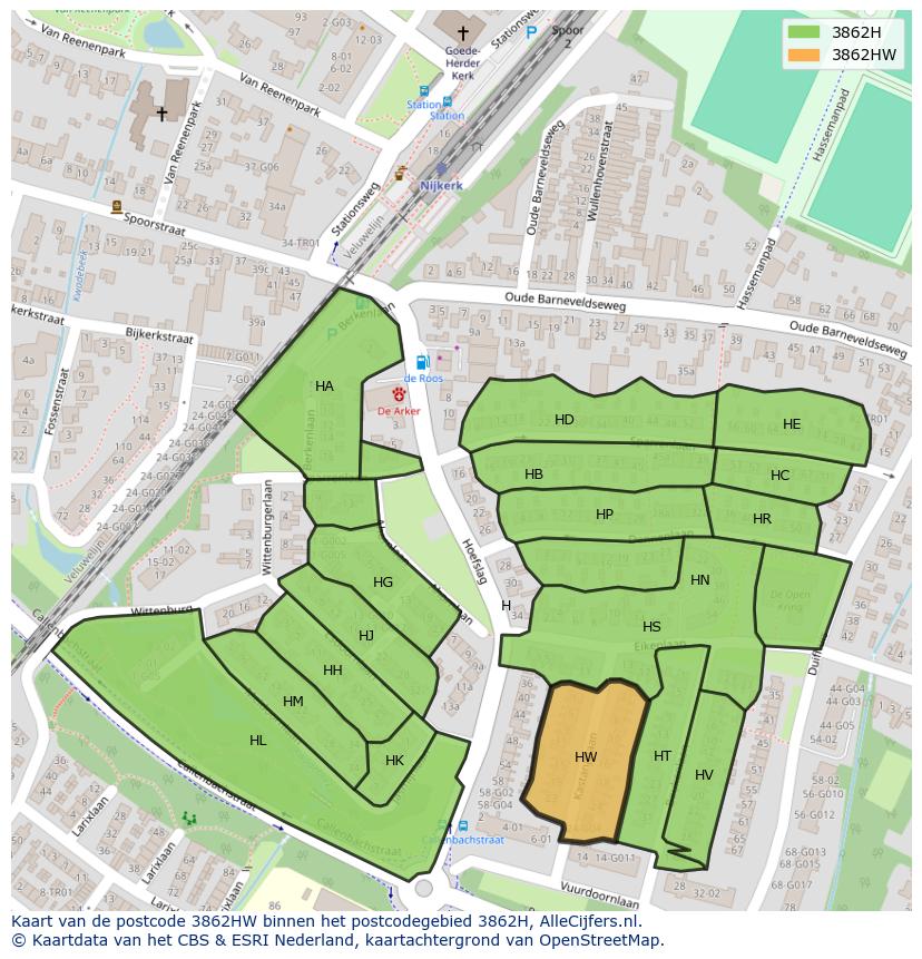 Afbeelding van het postcodegebied 3862 HW op de kaart.