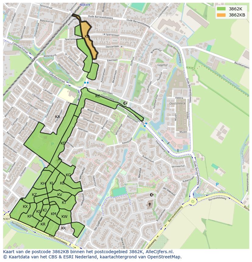 Afbeelding van het postcodegebied 3862 KB op de kaart.
