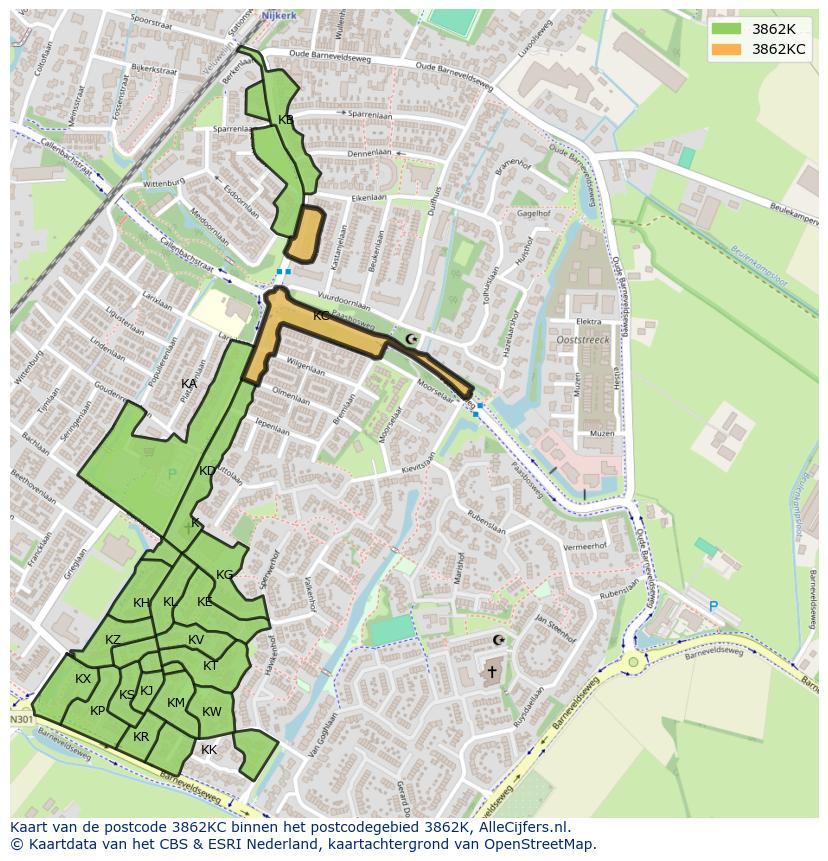 Afbeelding van het postcodegebied 3862 KC op de kaart.