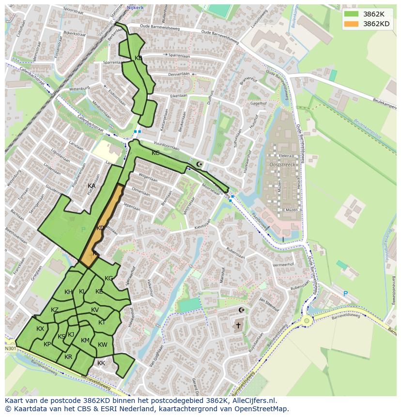 Afbeelding van het postcodegebied 3862 KD op de kaart.